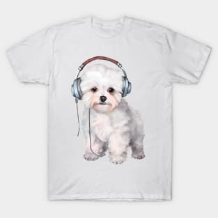 Watercolor Bichon Frise Dog with Headphones T-Shirt